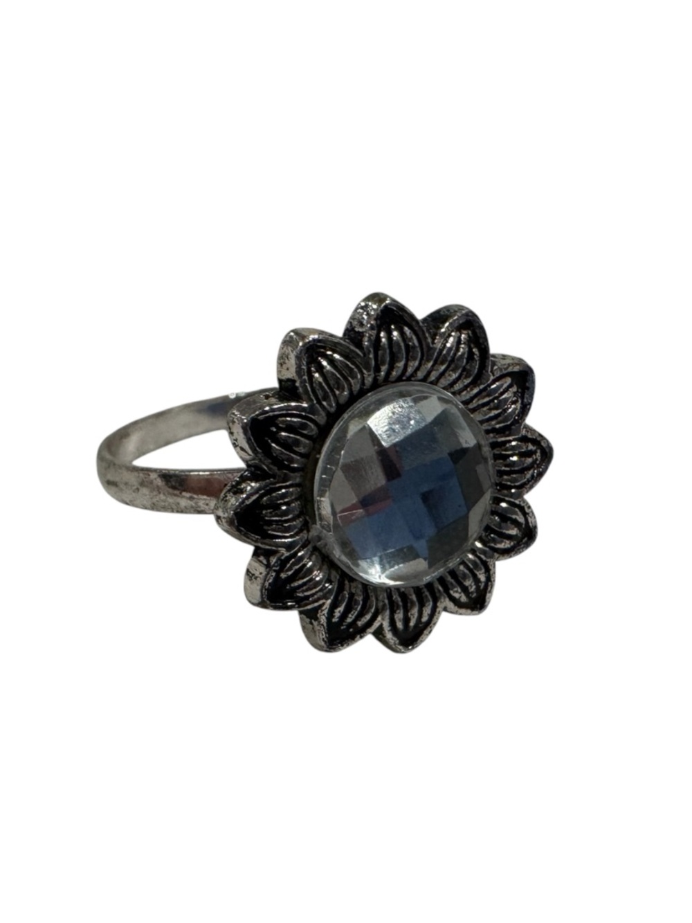 Silver Sunflower Ring with Smoky Crystal